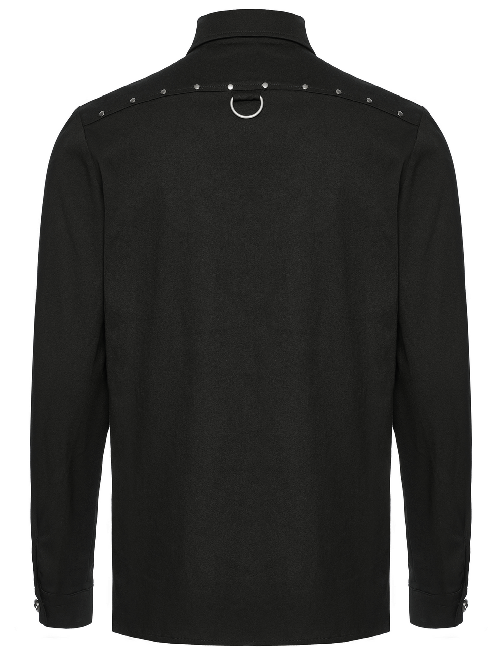 Back view of a stylish men's black punk shirt with studded shoulder details and distinctive ring accent.