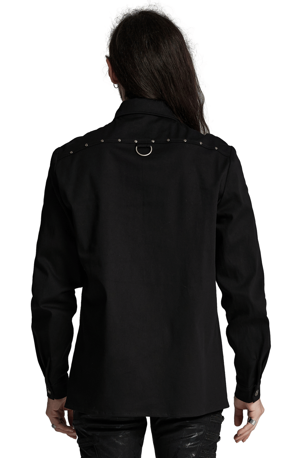 Stylish men's black twill shirt featuring studded shoulder details and a unique rear design, perfect for punk-inspired fashion.