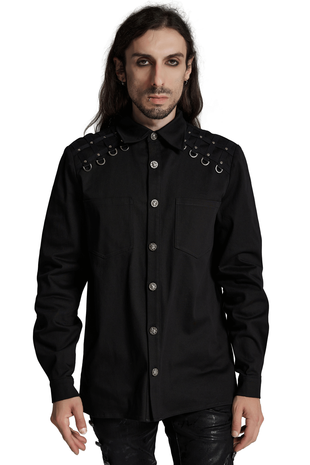 Men's punk gothic twill shirt with studded shoulder details and unique woven accents in sleek black. Perfect for alternative style.