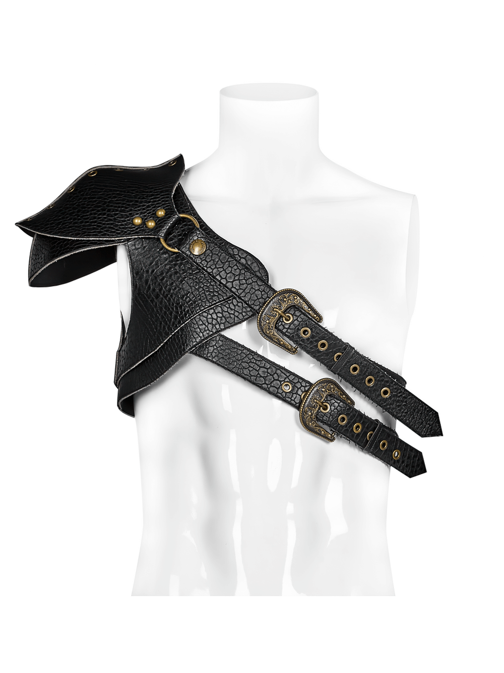 Punk shoulder armor harness in black PU leather with adjustable straps and retro buckles for a bold steampunk look.