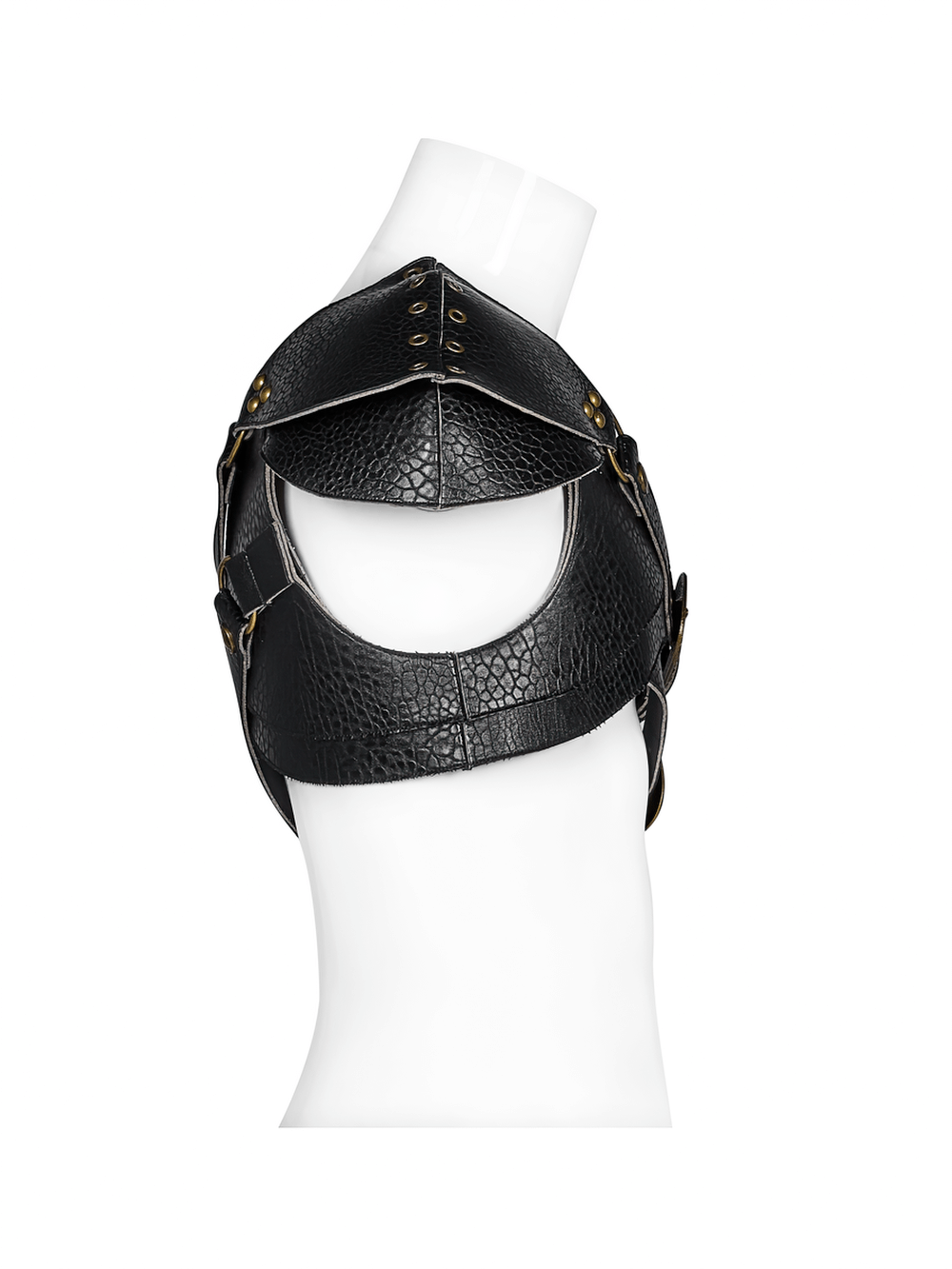 Punk shoulder armor harness with adjustable straps and retro buckles, crafted from black PU leather.