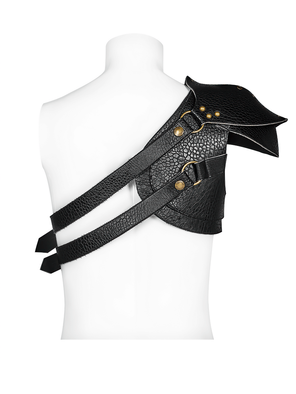 Back view of punk shoulder armor harness with adjustable straps, retro buckles, and bold PU leather design.