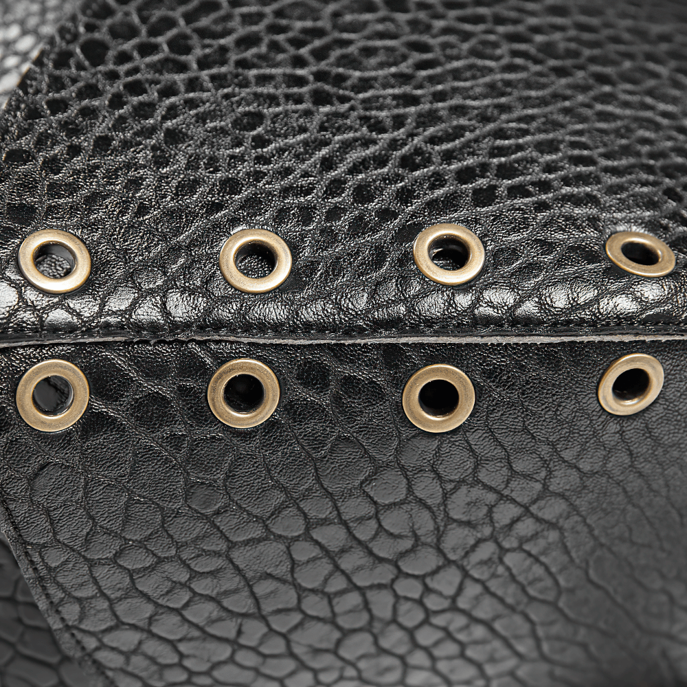 Close-up of textured black PU leather with retro gold eyelets, highlighting punk shoulder armor details.