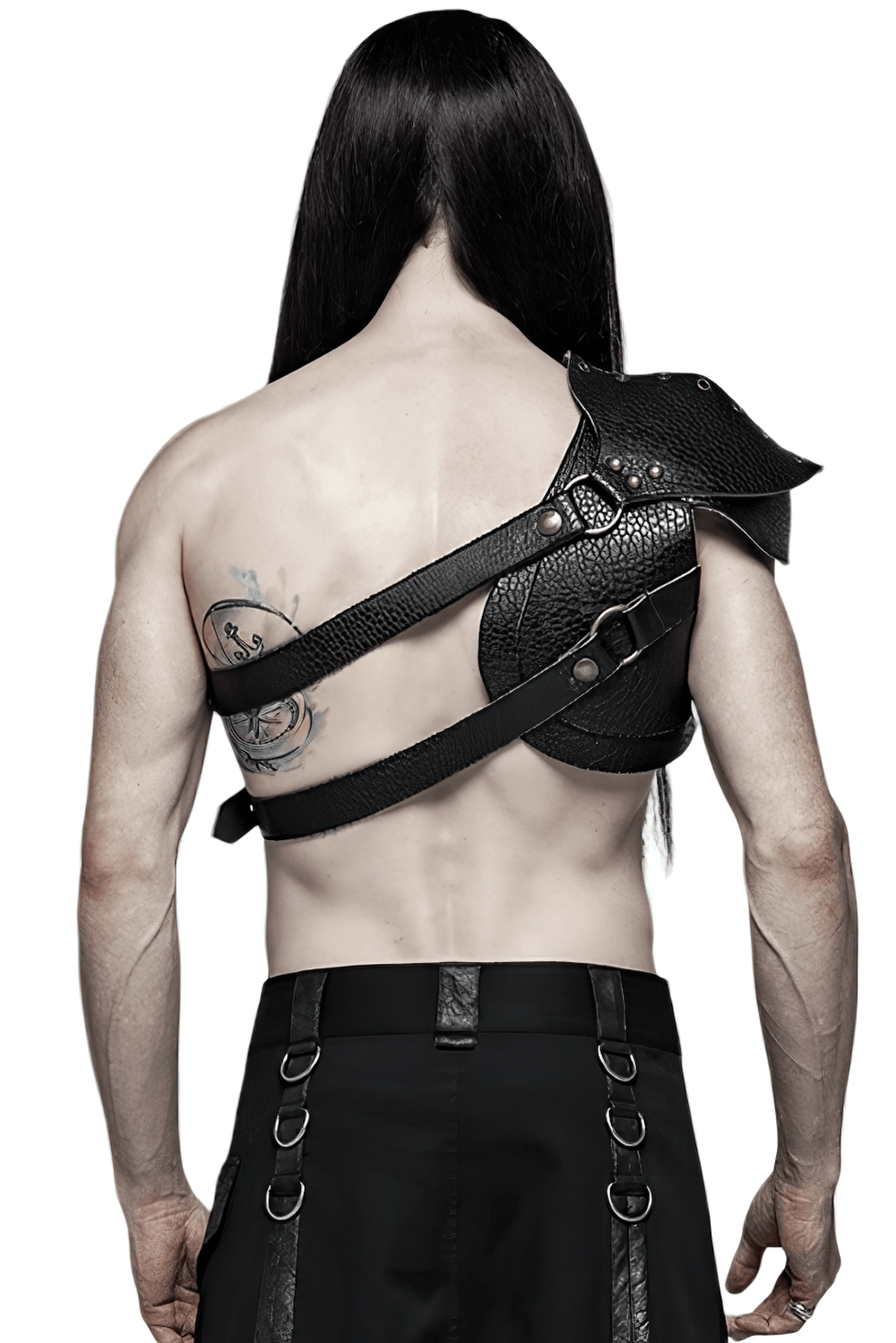 Man wearing punk shoulder armor harness with adjustable straps and retro buckles, showcasing a bold gothic style.