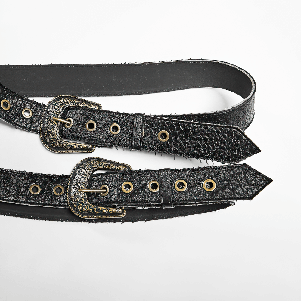 Gothic black leather belt with ornate buckles and unique texture, perfect for edgy fashion and steampunk styles.