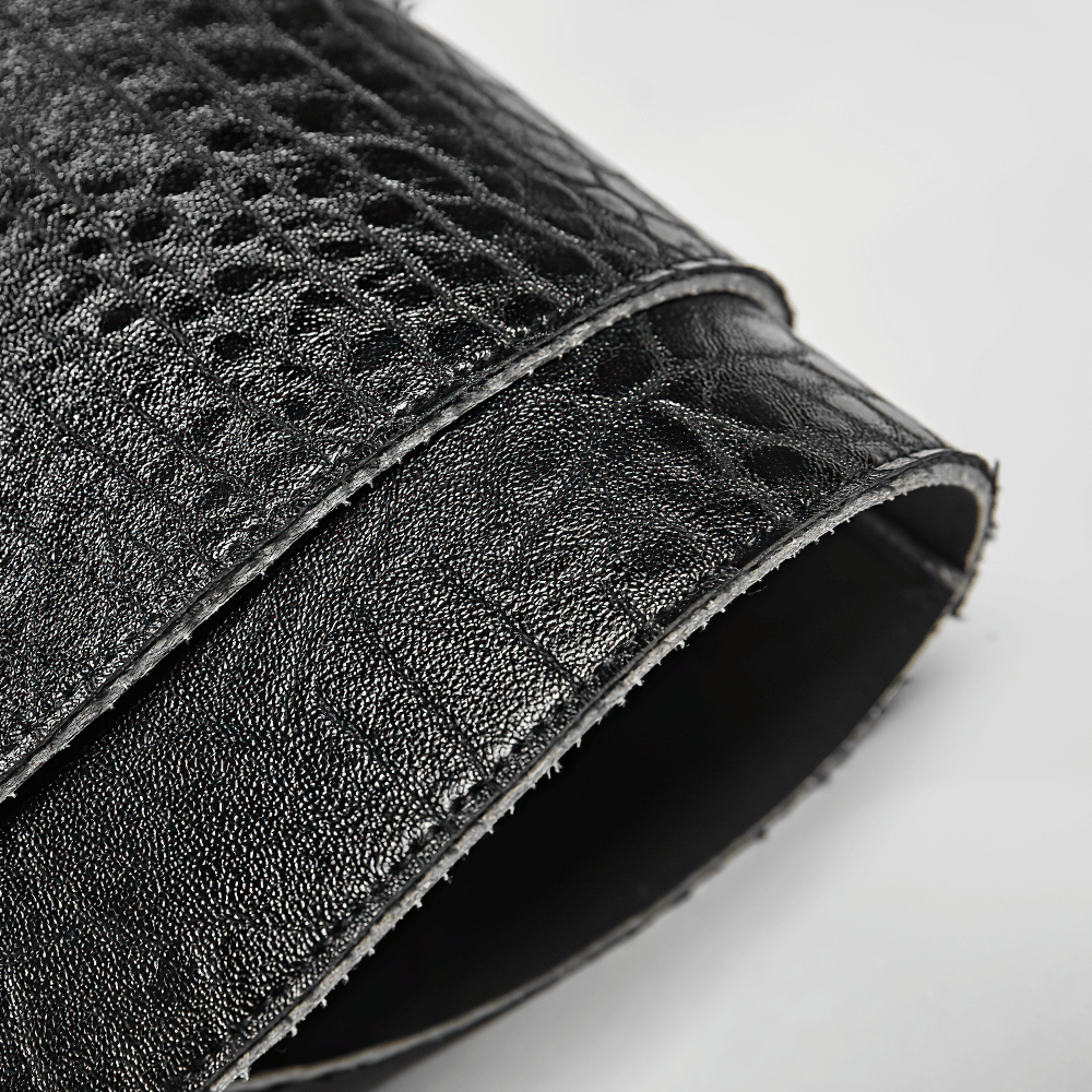 Close-up of textured black PU leather showcasing intricate patterns for punk fashion.