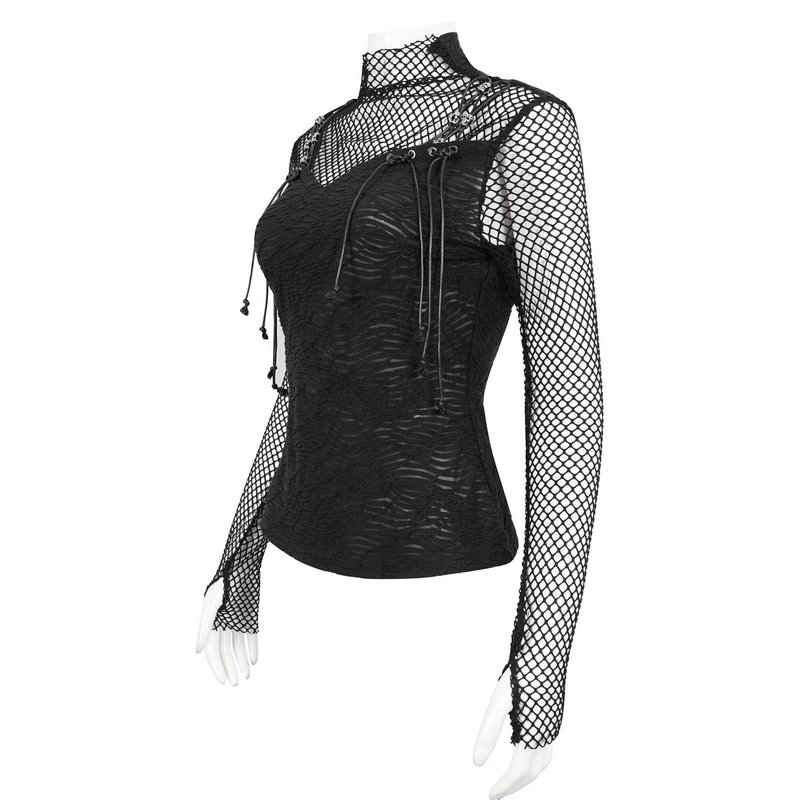 Punk Skull Drawstring Top with Net Details / Gothic Thumb Hole Sleeves Clothing