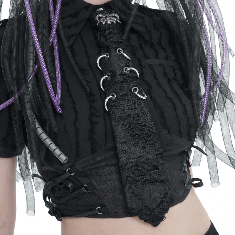 Stylish women's punk skull necktie with metal rings, perfect for gothic and alternative fashion.