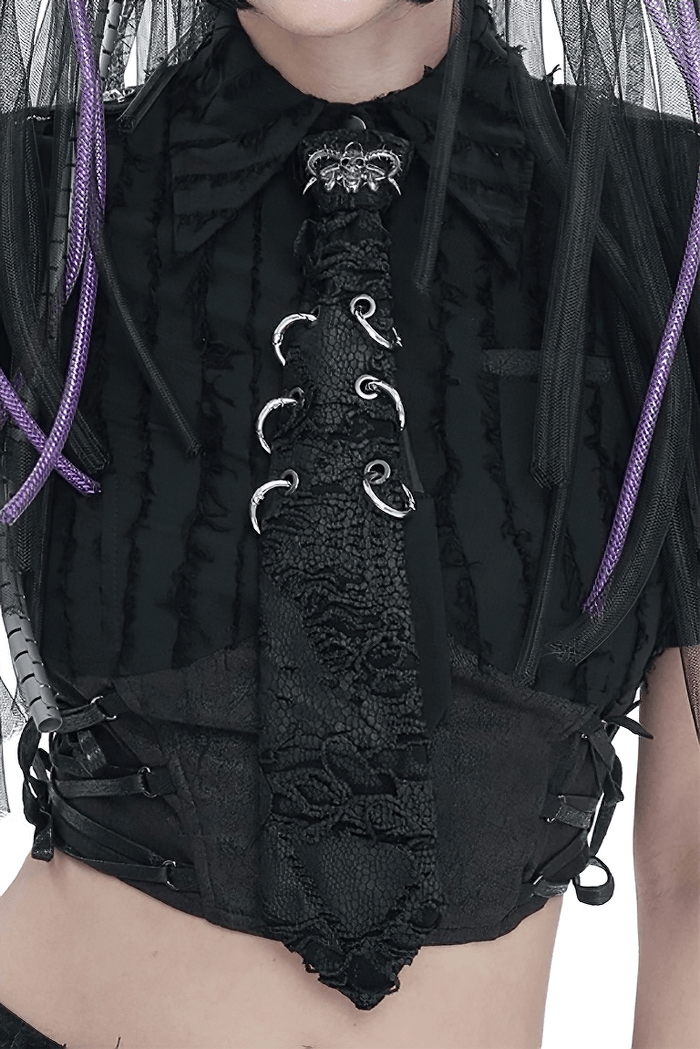 Stylish women's punk skull necktie with metal rings and gothic design, perfect for an alternative look.