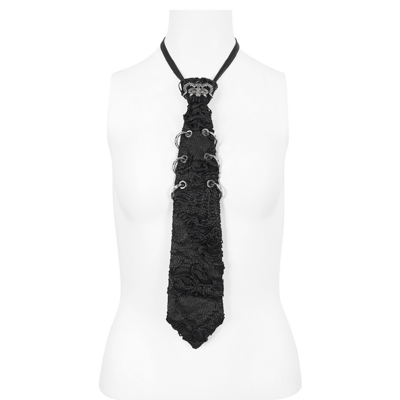 Stylish black punk skull necktie with metal rings, perfect for alternative and gothic fashion.