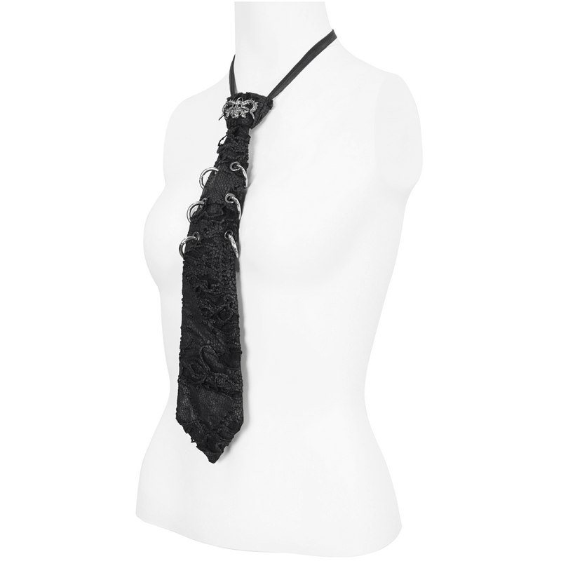 Punk skull necktie with metal rings, perfect for gothic style lovers, adjustable design for comfort and flair.