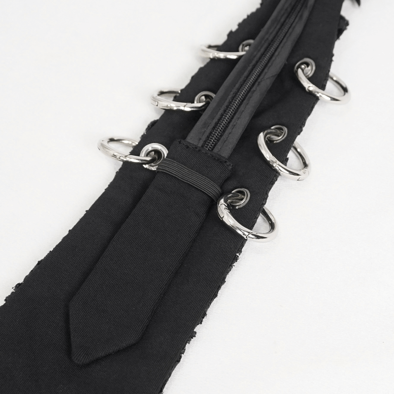 Punk skull necktie with metal rings, featuring adjustable style and gothic design elements.