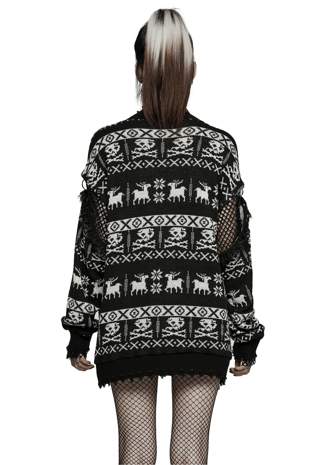 Back view of edgy punk pullover featuring a unique black and white reindeer pattern, perfect for a stylish winter look.