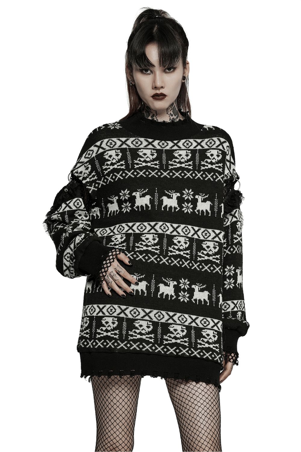 Loose fit punk pullover with unique skull pattern, ribbed cuffs, and removable sleeves, styled for an edgy look.