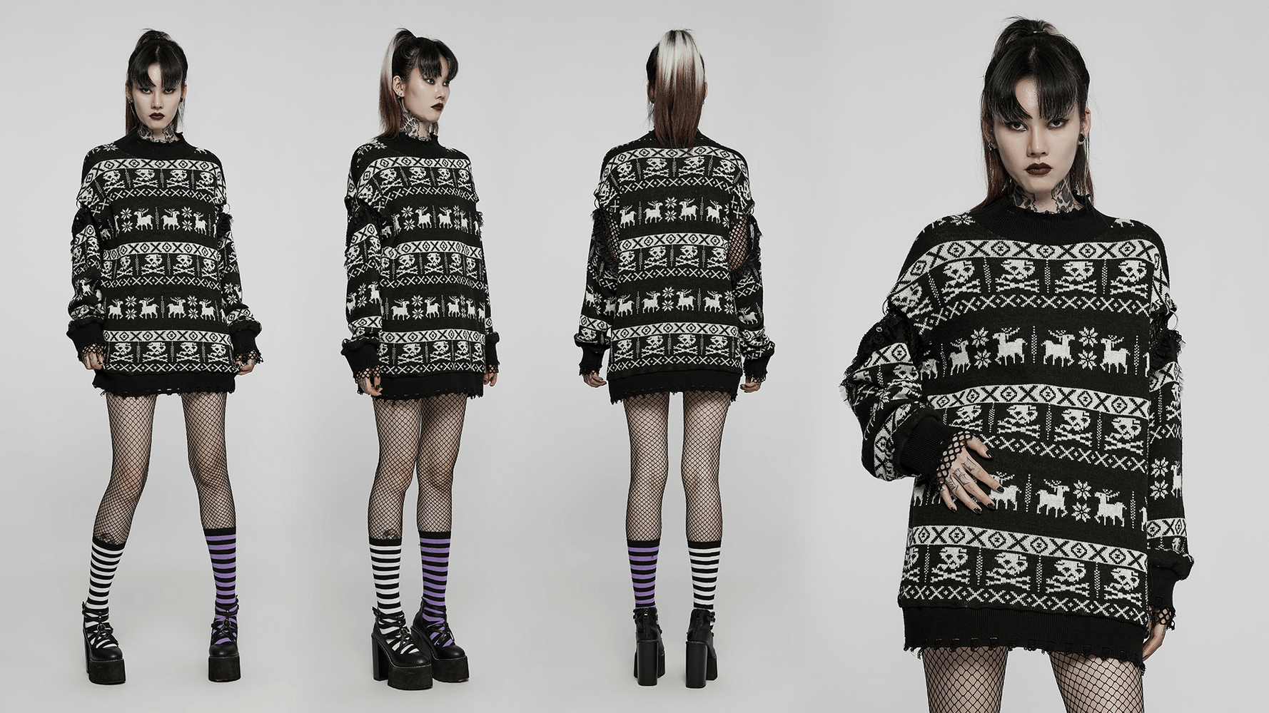 Edgy punk pullover with skull pattern and removable sleeves, styled with fishnet stockings and platform boots.