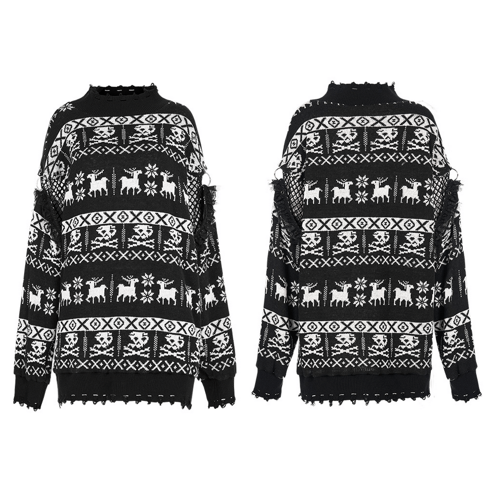 Punk skull pattern loose pullover featuring removable sleeves in faux wool and gauze, perfect for edgy style.