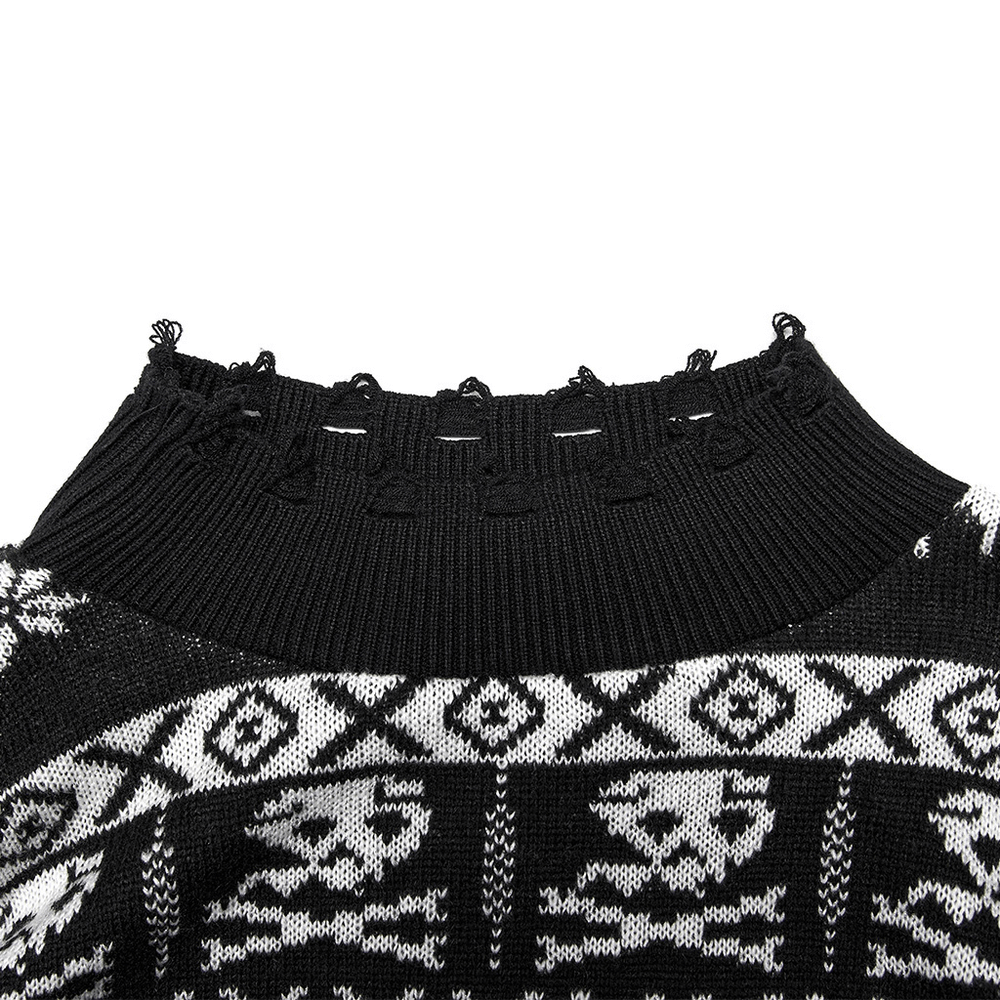 Close-up of the stylish black punk pullover's ribbed neckline and unique skull pattern design.