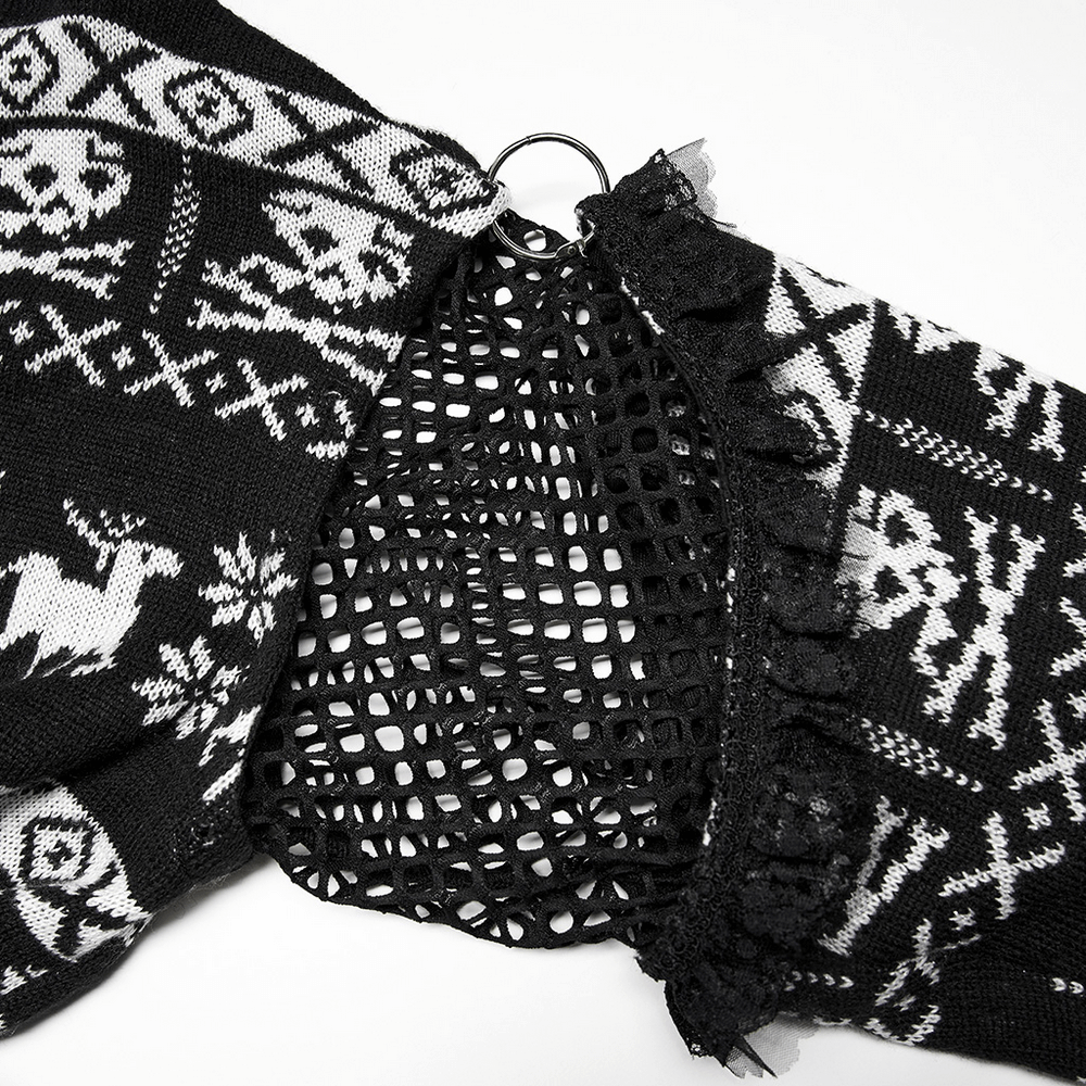 Close-up of punk pullover's gauze and skull pattern design, highlighting removable sleeves and unique ribbing details.