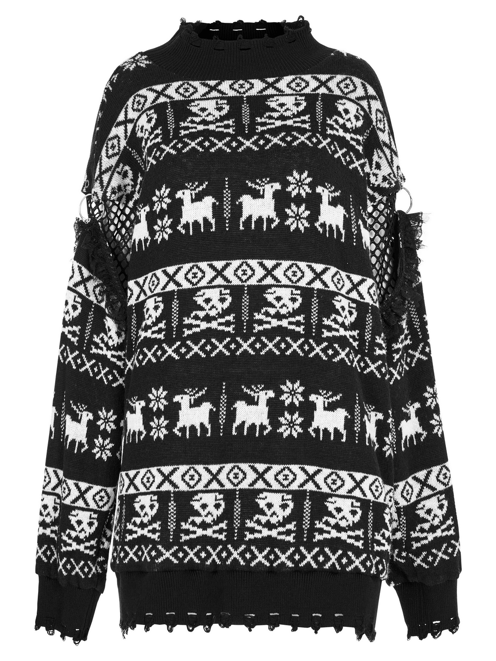 Punk-style loose pullover featuring a unique black and white skull and reindeer pattern with distressed detailing.