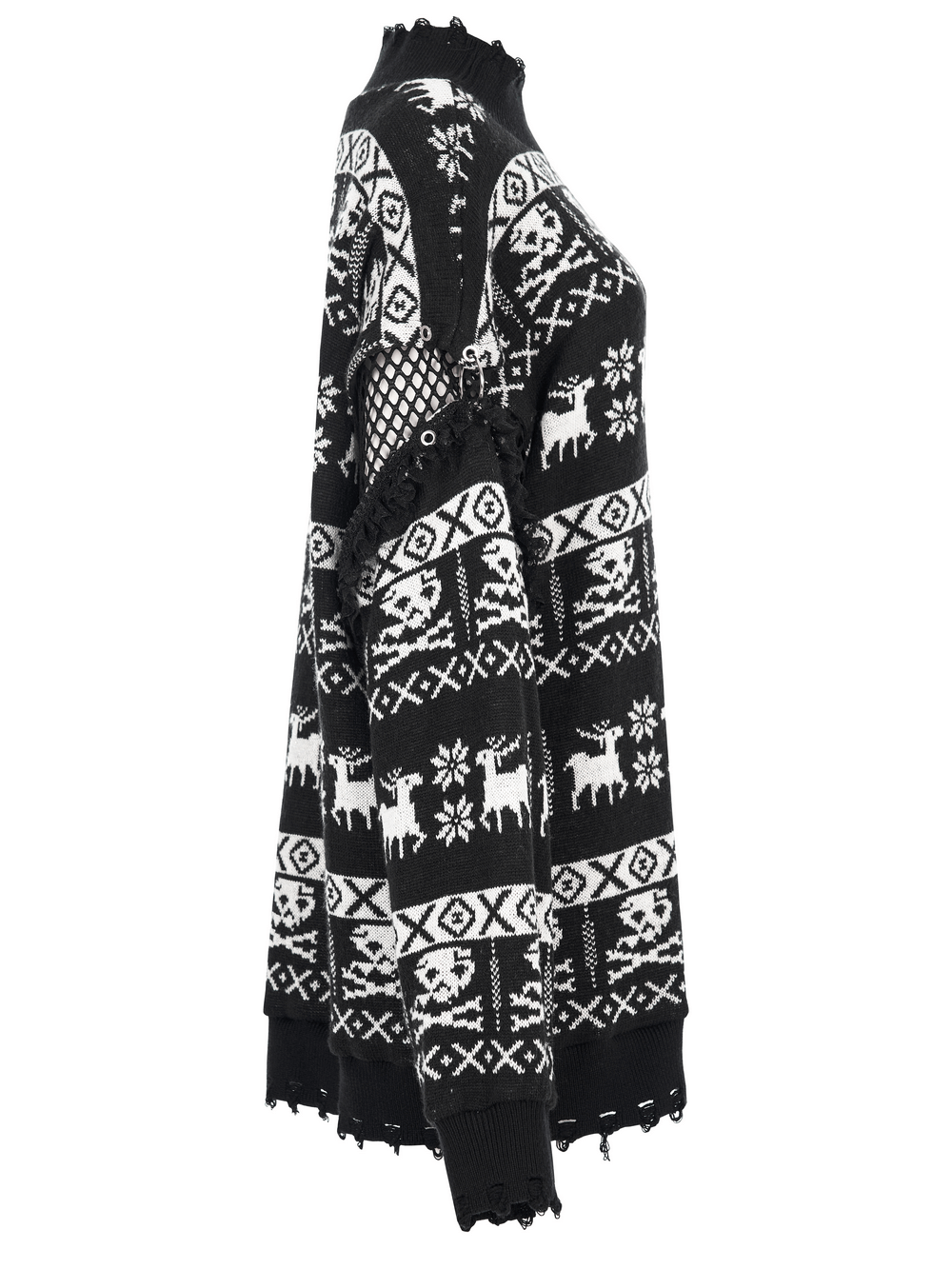 Side view of a loose-fit punk pullover with skull pattern and unique designs in black and white.