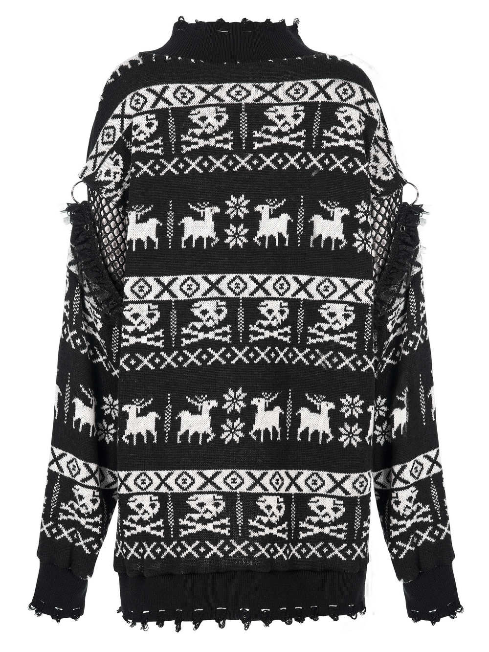 Loose-fit black pullover sweater with white deer and snowflake patterns, featuring fringe details on shoulders.