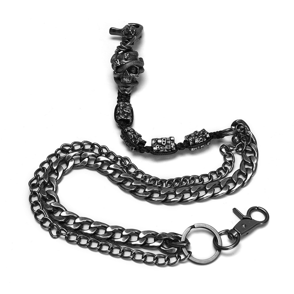 Punk skull snake pant chain with metal alloy links, showcasing edgy design and durable material.