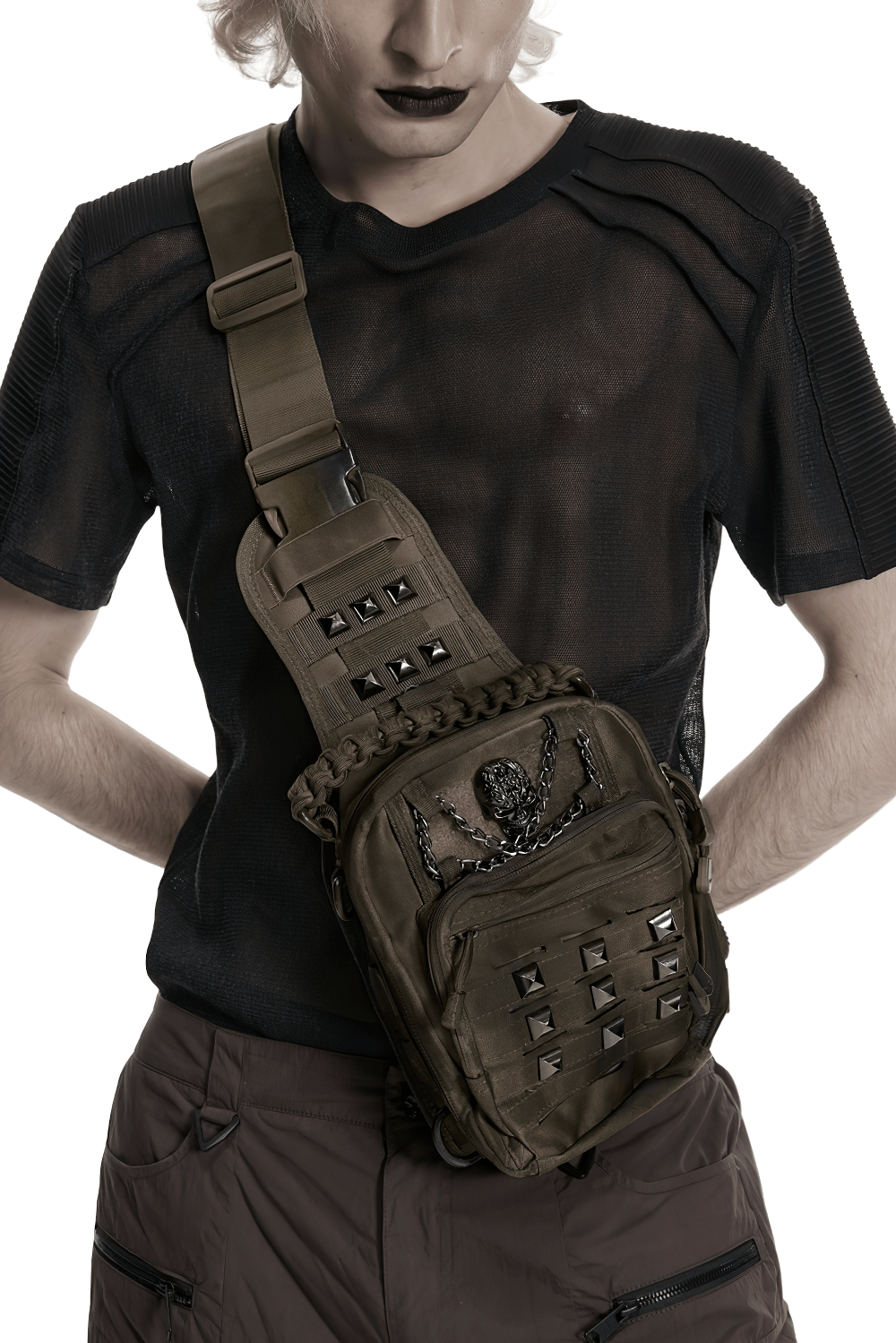 Punk Skull Stud Crossbody Backpack with Strap worn in a stylish streetwear outfit, featuring studs and tactical pockets.