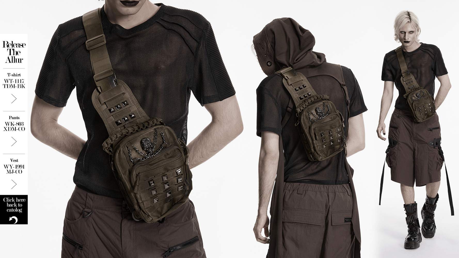 Punk Skull Stud Crossbody Backpack with Strap showcased in stylish streetwear outfit.