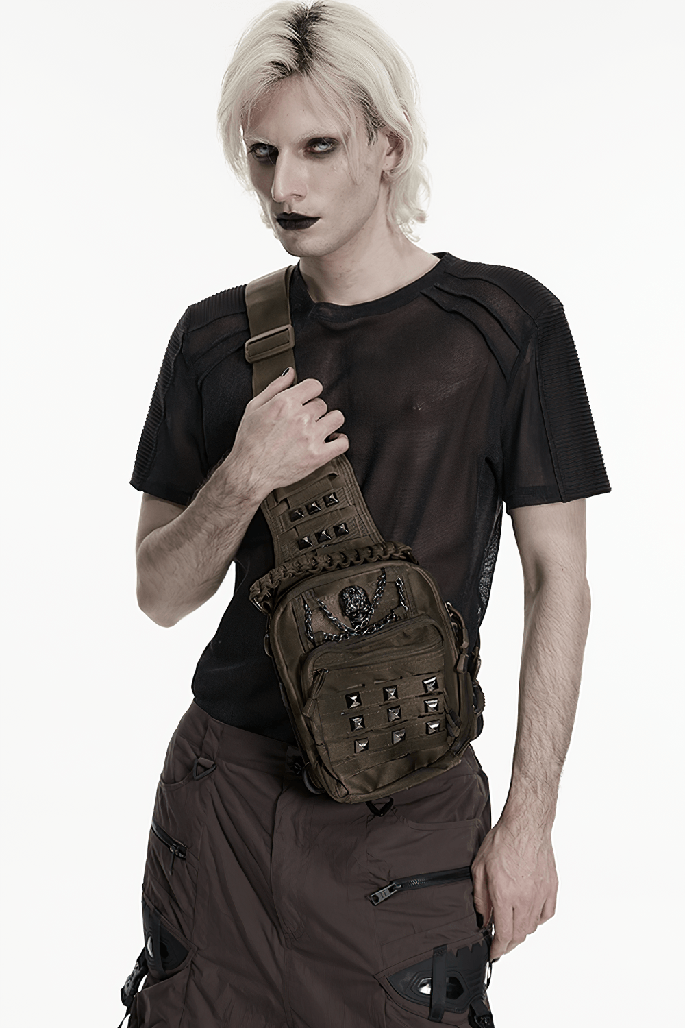 Punk Skull Stud Crossbody Backpack with Strap worn by a model featuring studs and tactical design.