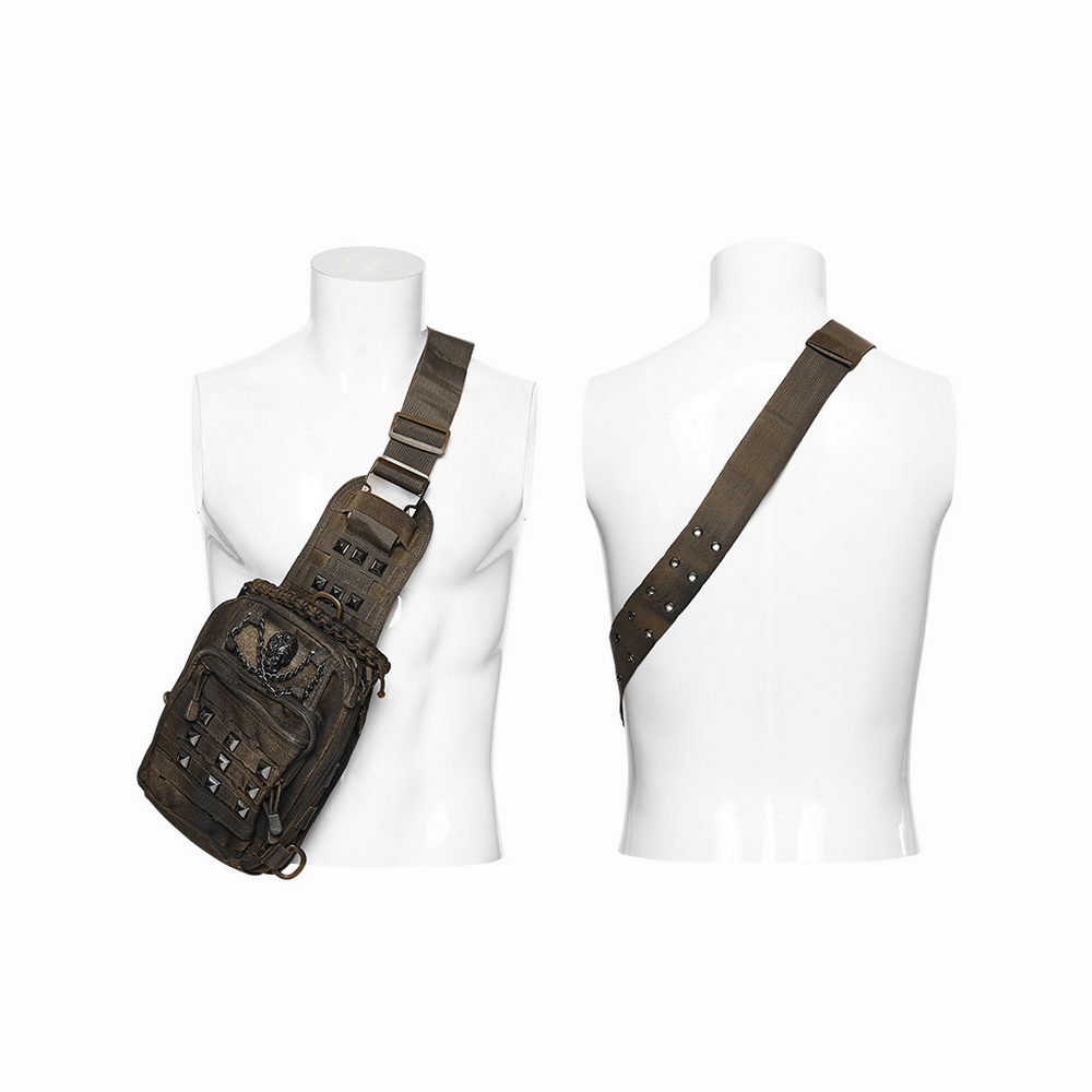 Punk Skull Stud Crossbody Backpack with Strap displayed on a mannequin showing front and back views.