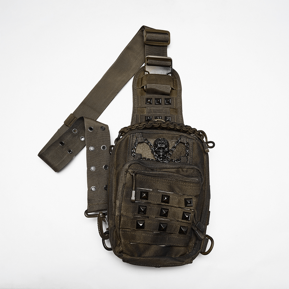 Punk Skull Stud Crossbody Backpack with Strap featuring tactical pockets and pyramid studs.