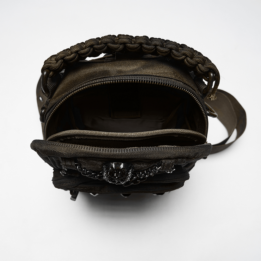 Punk Skull Stud Crossbody Backpack with Strap showing interior layout and tactical pockets.