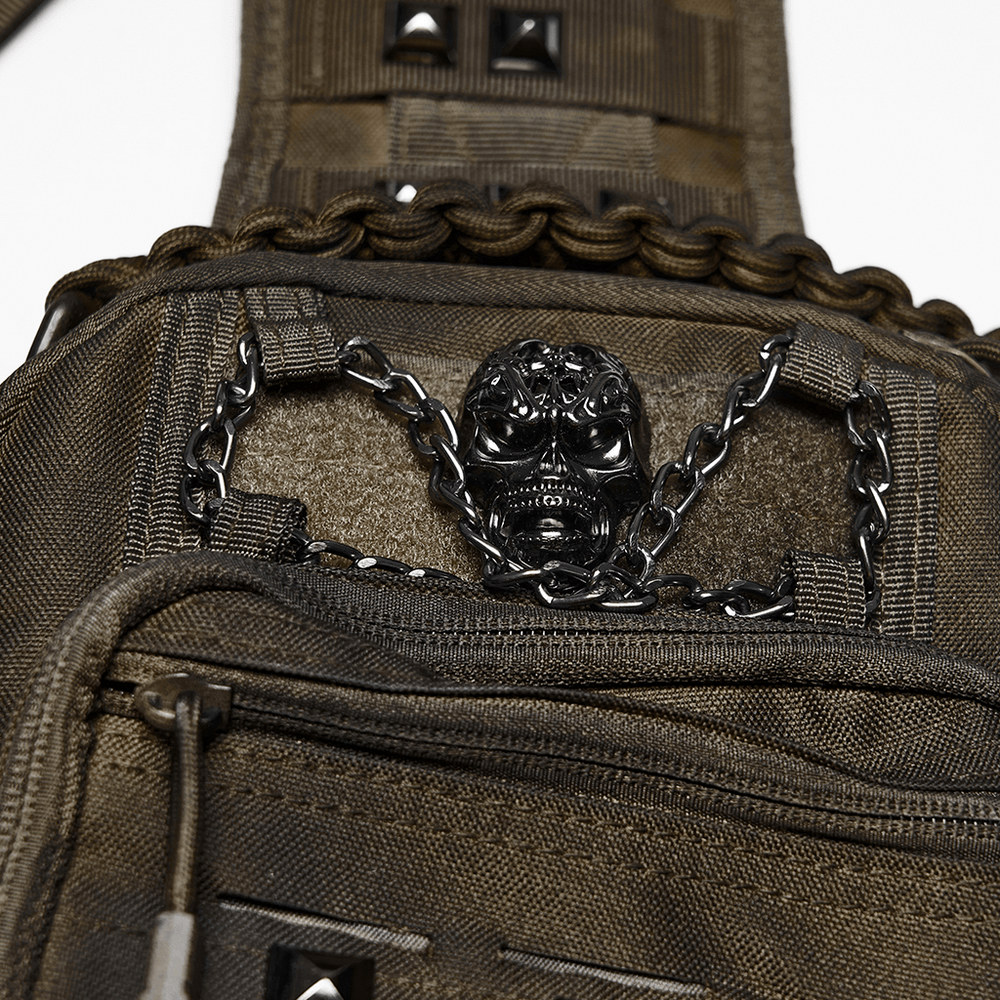 Punk Skull Stud Crossbody Backpack with Strap featuring a metal skull detail and chain decoration in tactical pocket.