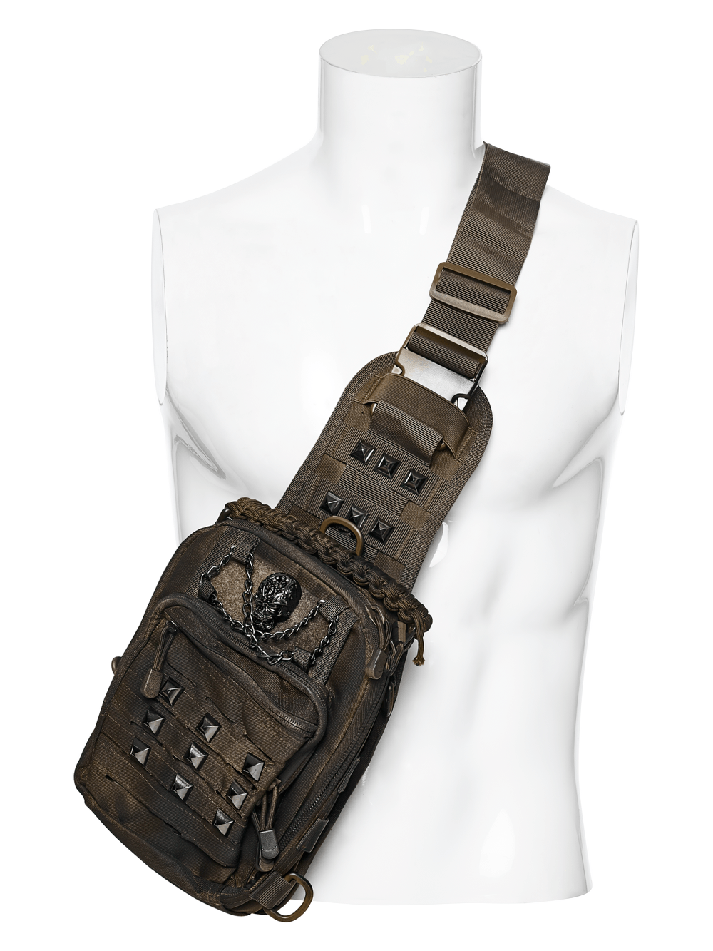 Punk Skull Stud Crossbody Backpack with Strap displayed on a mannequin, featuring studs and tactical pockets.