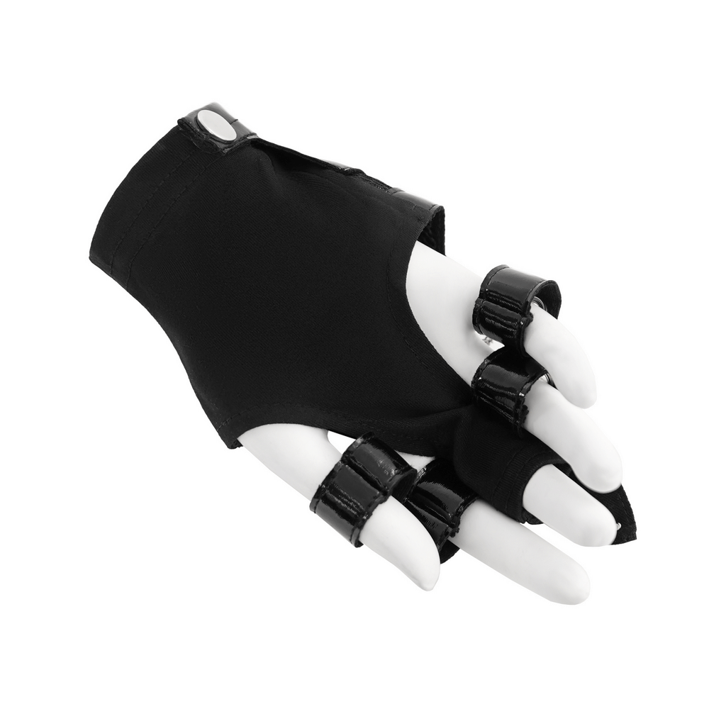 Punk skull studded half-finger gloves with chains on mannequin hand, showcasing gothic style and edgy design.