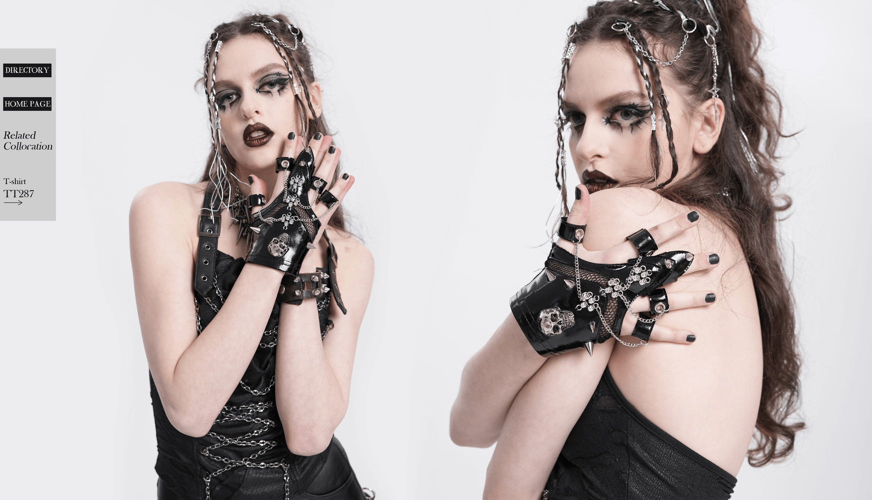 Gothic punk model showcasing studded half-finger gloves with chains and skulls, embodying edgy style and fierce fashion.