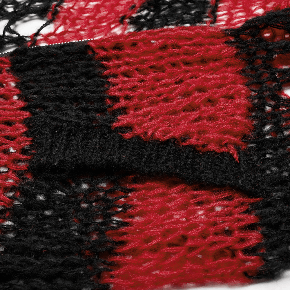 Punk Skull Zip Red Black Striped Holey Cardigan Sweater