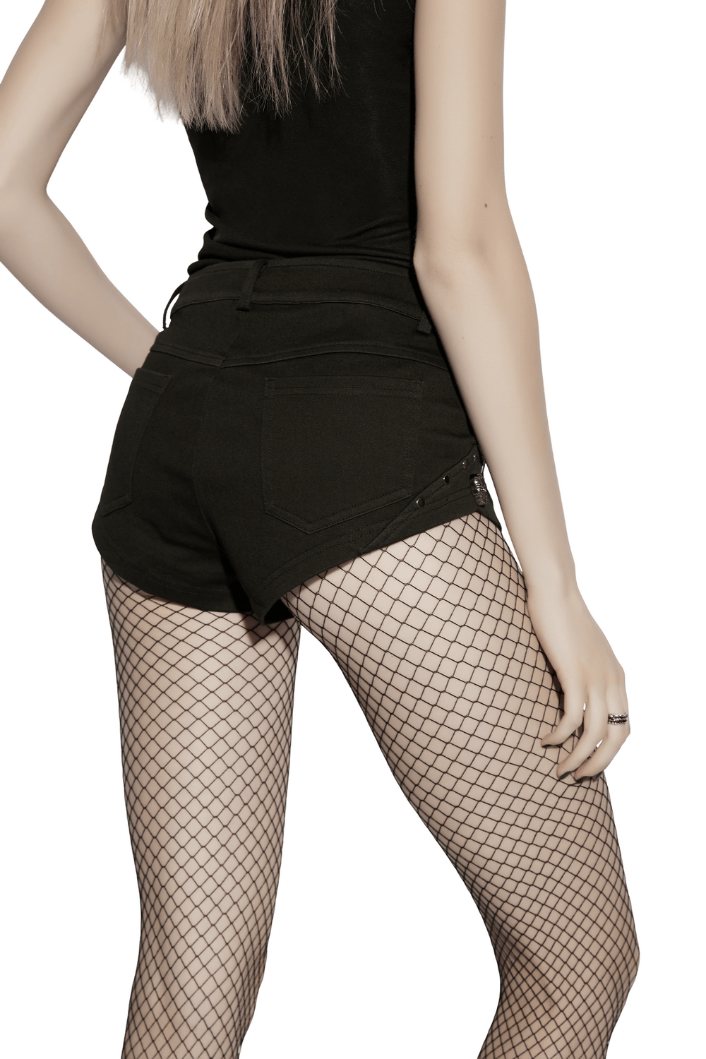 Punk Slim Knit Denim Shorts With Studded Mesh worn with fishnet tights, showcasing angled mesh panels and side studs.