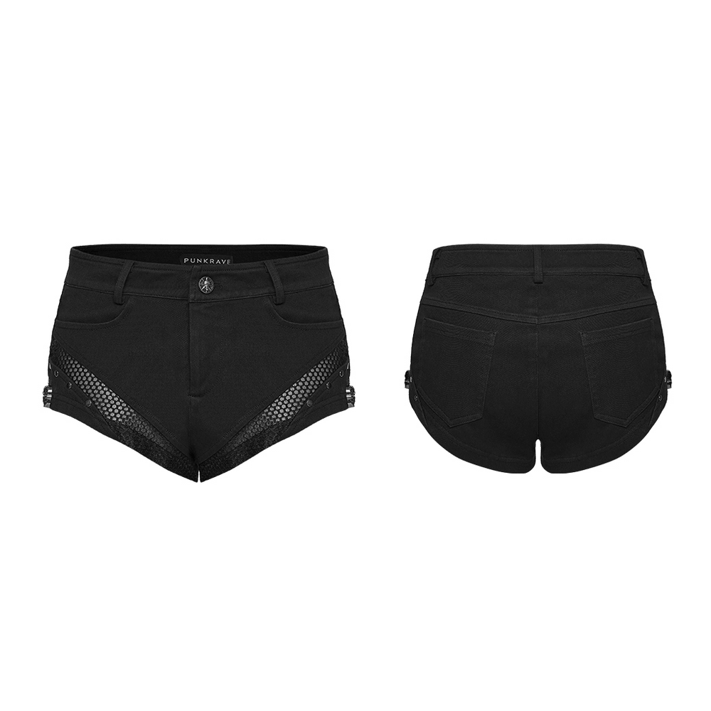 Punk Slim Knit Denim Shorts With Studded Mesh showcasing front and back view, featuring mesh panels and side studs.