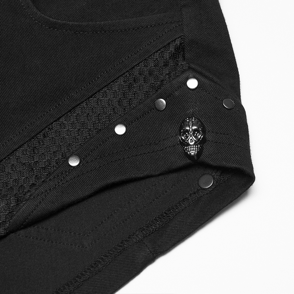 Punk Slim Knit Denim Shorts With Studded Mesh showcasing angled mesh panels and side skull studs.