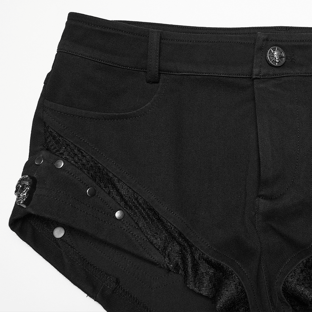 Punk Slim Knit Denim Shorts With Studded Mesh showcasing black denim and mesh panel details.