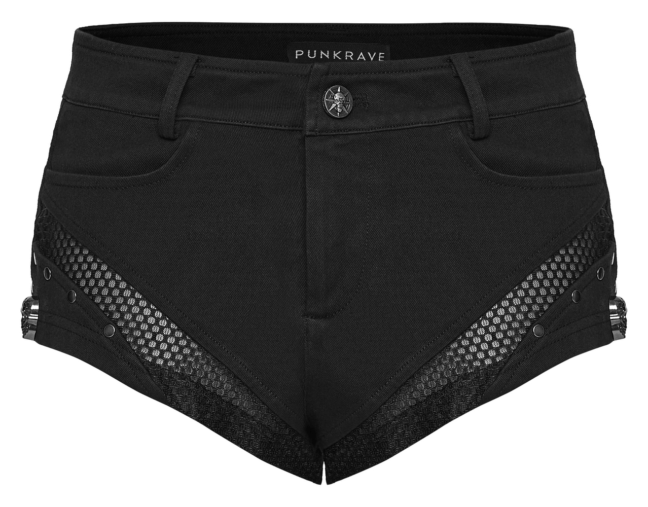 Punk Slim Knit Denim Shorts With Studded Mesh featuring angled mesh panel details and side studs for a bold look.
