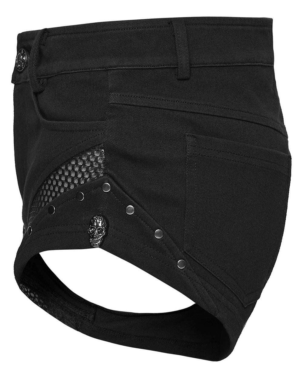 Punk Slim Knit Denim Shorts With Studded Mesh featuring black fabric, mesh panels, and side studs for a bold look.