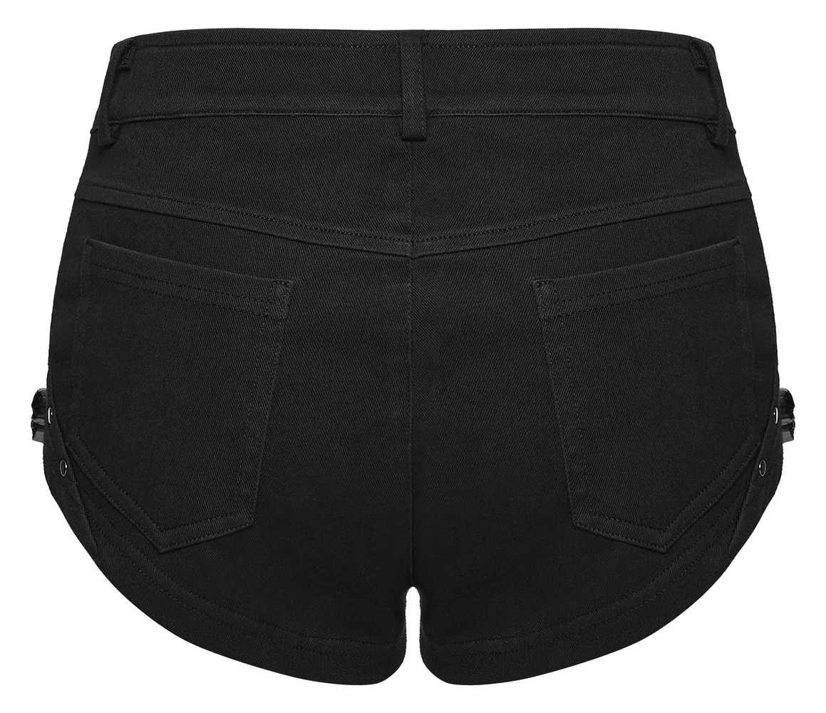 Back view of Punk Slim Knit Denim Shorts With Studded Mesh showcasing stylish black fabric and unique design.
