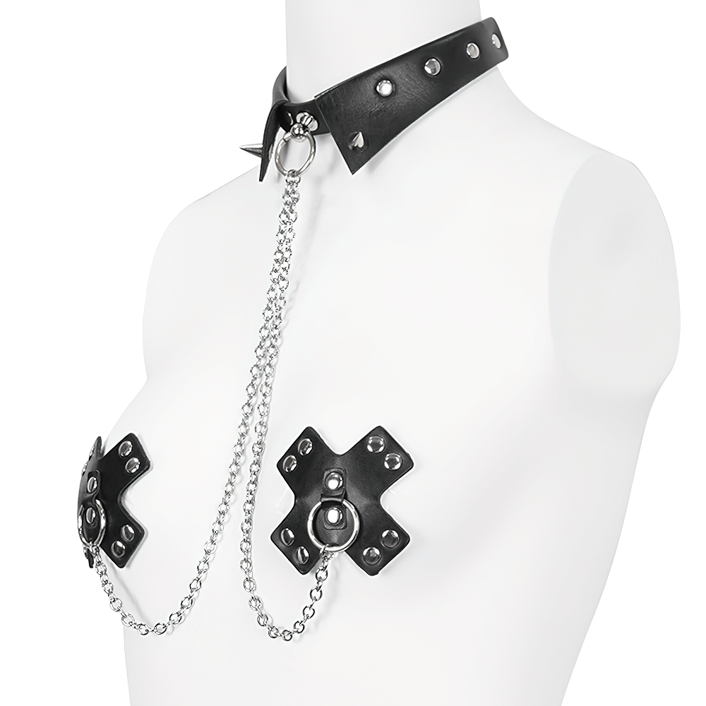 Punk spiked belt choker with rivets and chain, featuring cross-shaped nipple covers for a bold fashion statement.