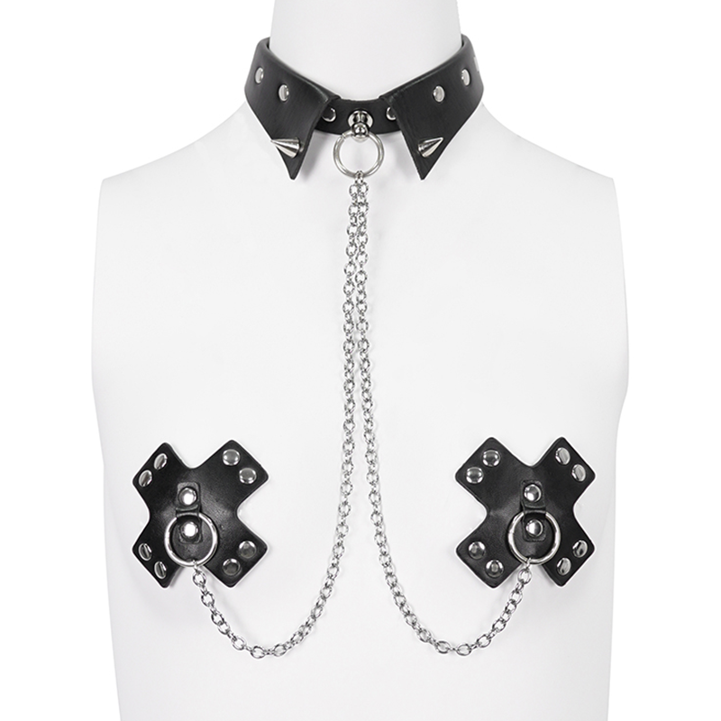 Punk Spiked Belt Choker with Nipples Cover / Sexy Cross Shaped Nipples Cover With Rivets and Chain - HARD'N'HEAVY