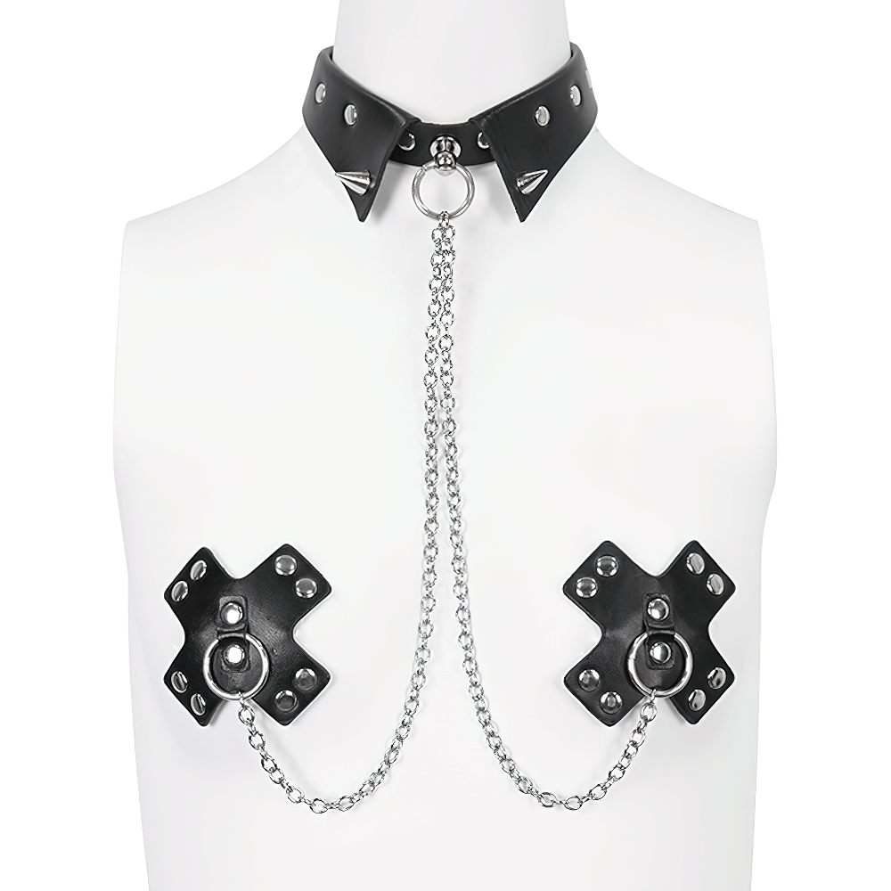 Spiked belt choker with rivets and chain, featuring cross-shaped nipple covers for a punk fashion statement.