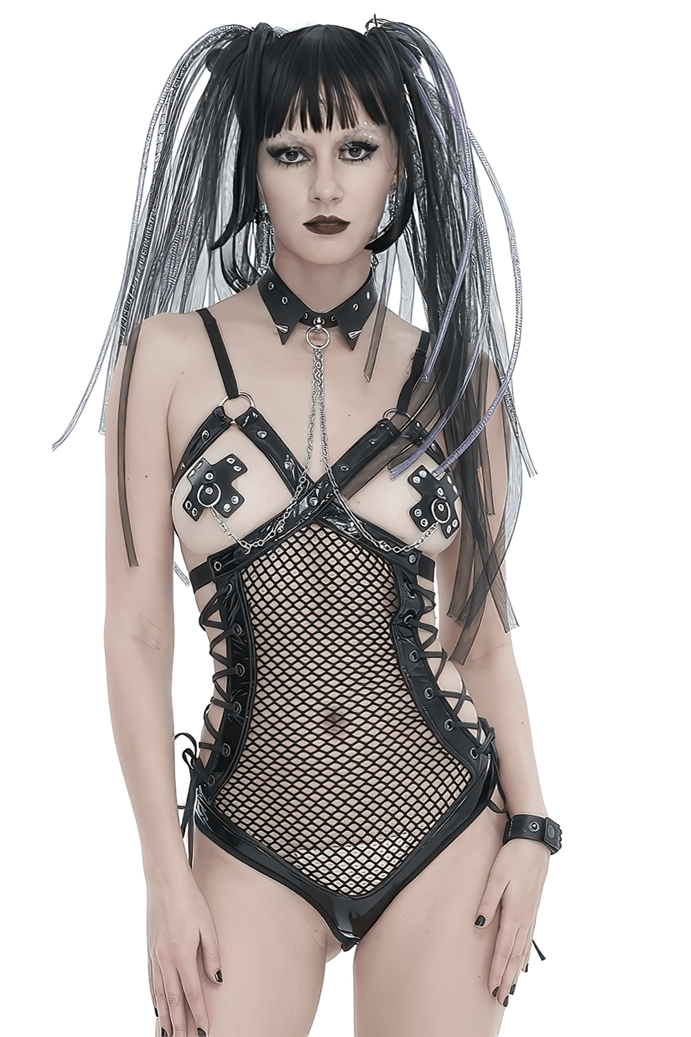 Punk-inspired model showcasing a spiked belt choker and edgy mesh outfit with rivets and chains.