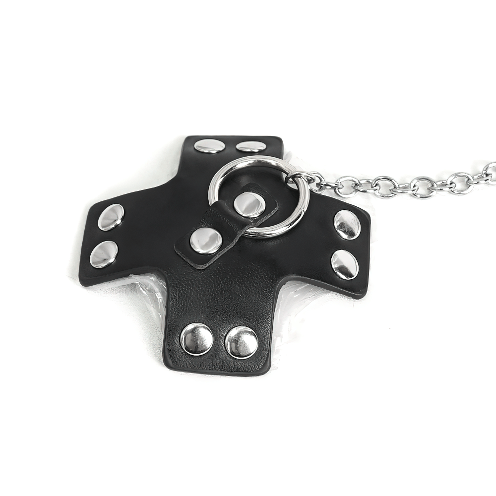 Punk black leather nipple cover with rivets and chain, edgy fashion accessory for bold styles.