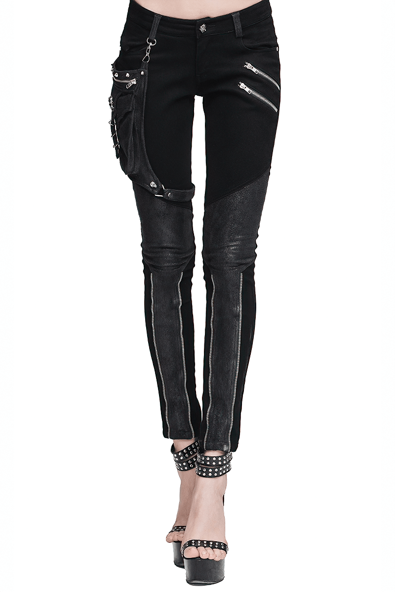 Punk Spliced Pants for Women / Rock Black Trousers With Belt Pocket / Motorcycle Stretchy Pencil Pants - HARD'N'HEAVY